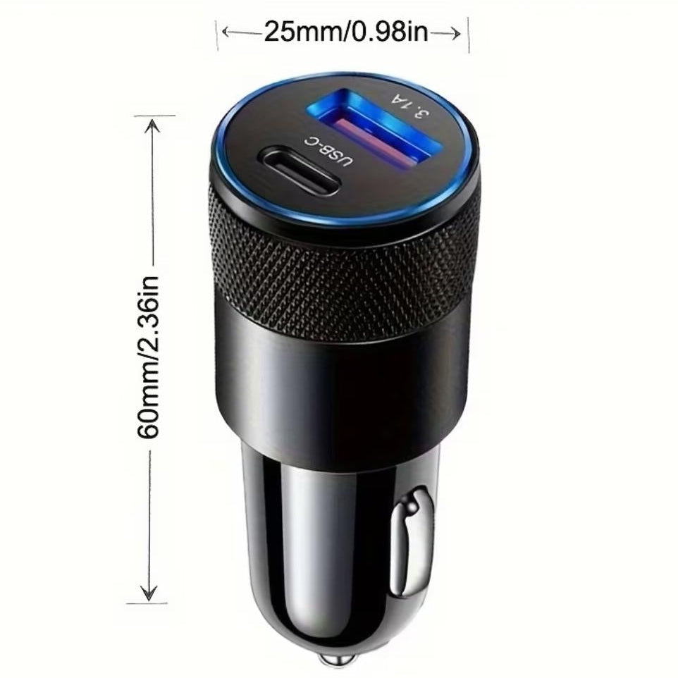 Car charger with dimensions displayed on a smartphone screen